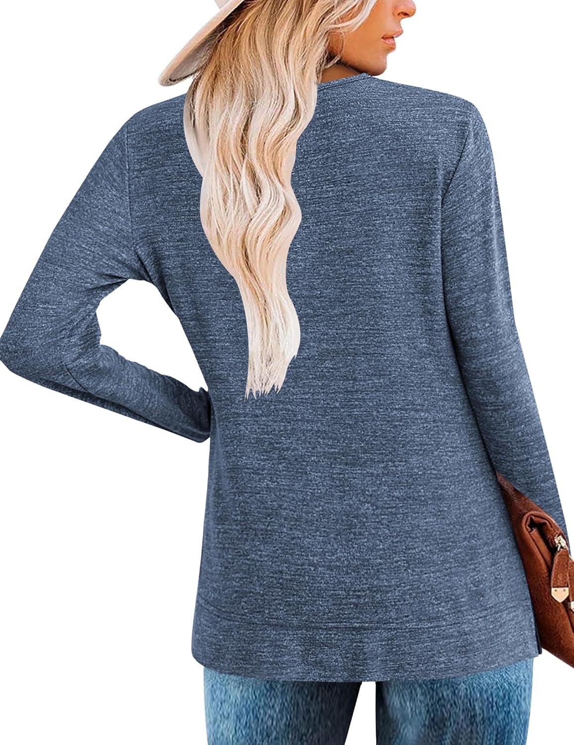 imageZeagoo Womens Casual Tunic Tops Long Sleeve Shirts for Leggings V Neck Button Fall Pullover Blouse Loose SweatshirtsNavy