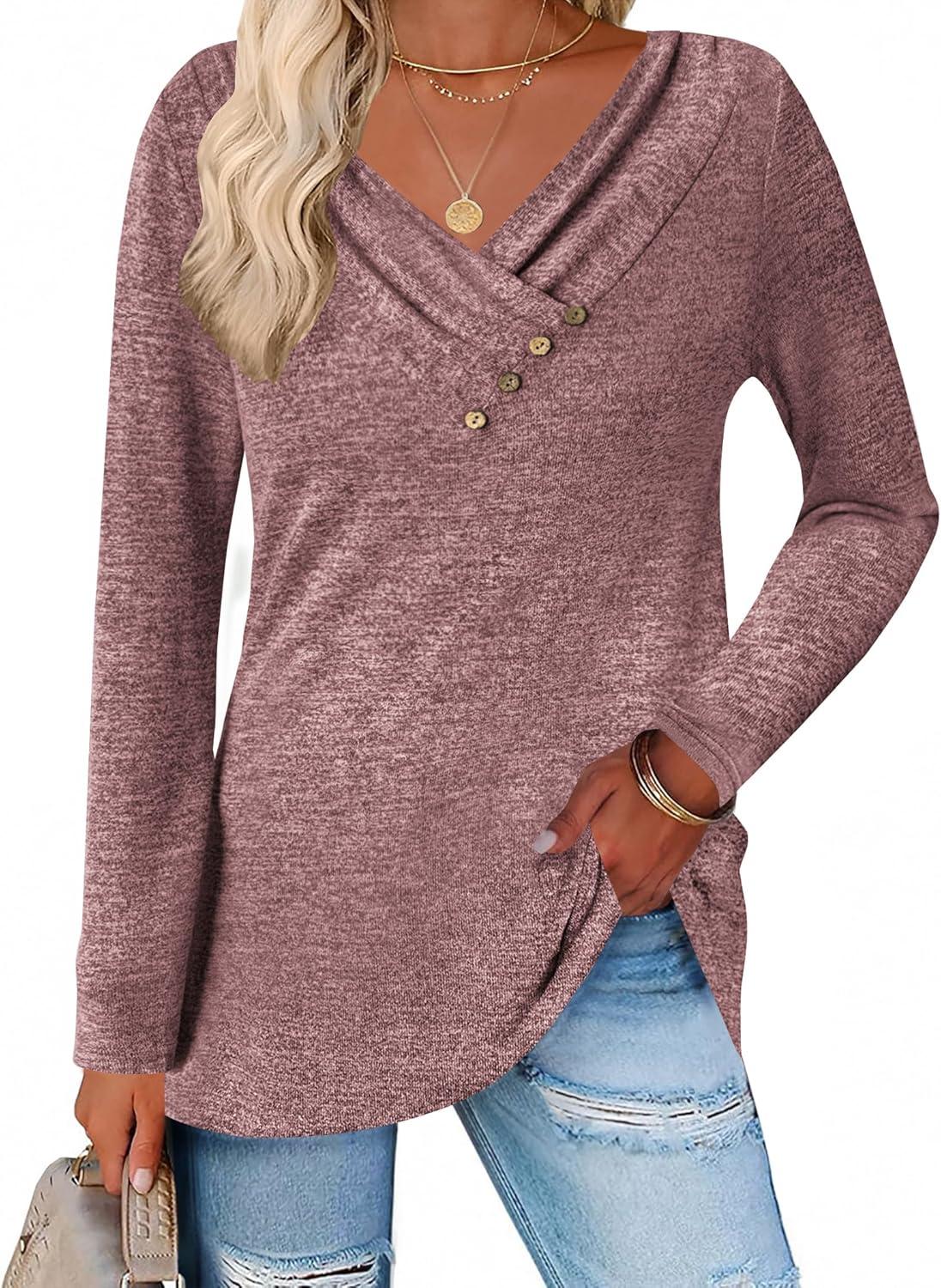 imageZeagoo Womens Casual Tunic Tops Long Sleeve Shirts for Leggings V Neck Button Fall Pullover Blouse Loose SweatshirtsRed