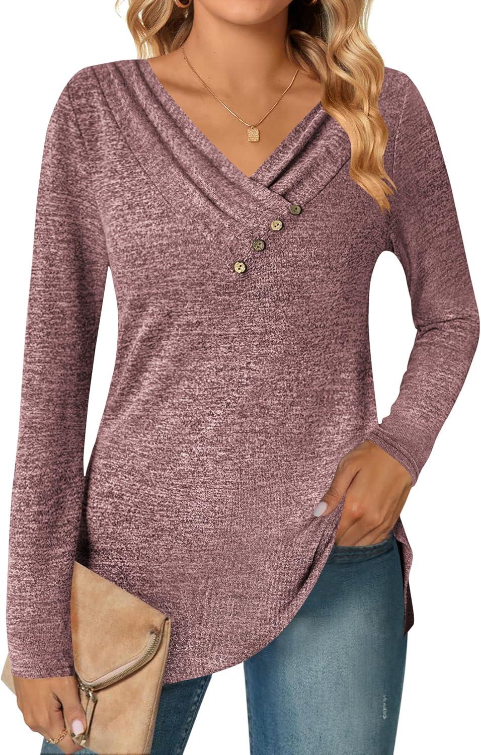 imageZeagoo Womens Casual Tunic Tops Long Sleeve Shirts for Leggings V Neck Button Fall Pullover Blouse Loose SweatshirtsRed