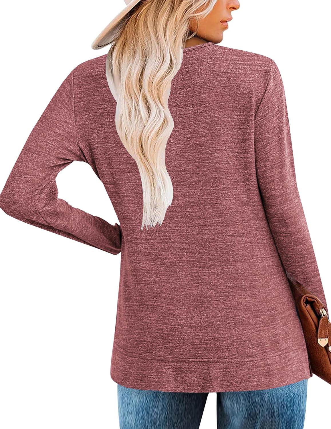 imageZeagoo Womens Casual Tunic Tops Long Sleeve Shirts for Leggings V Neck Button Fall Pullover Blouse Loose SweatshirtsRed02