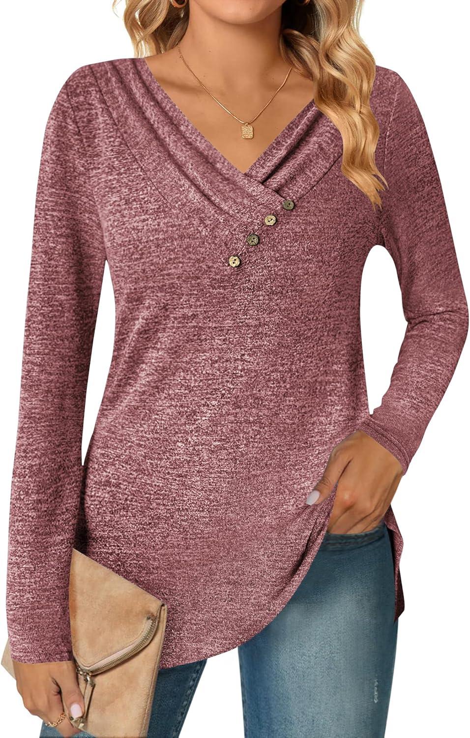 imageZeagoo Womens Casual Tunic Tops Long Sleeve Shirts for Leggings V Neck Button Fall Pullover Blouse Loose SweatshirtsRed02