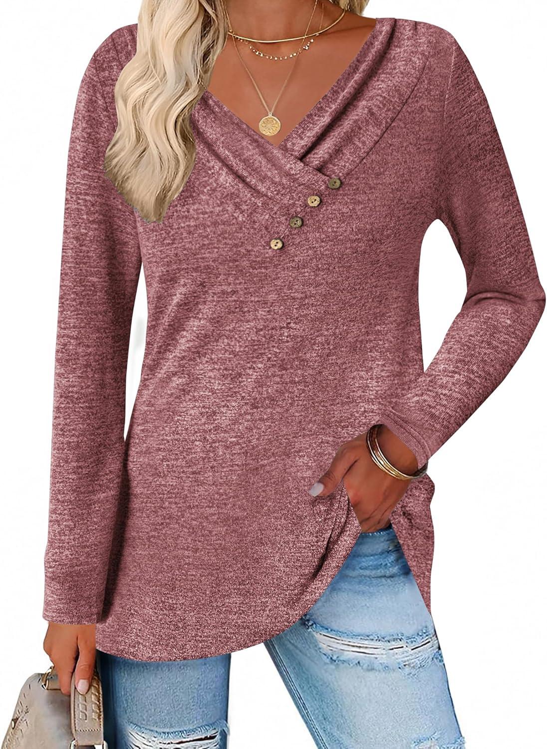 imageZeagoo Womens Casual Tunic Tops Long Sleeve Shirts for Leggings V Neck Button Fall Pullover Blouse Loose SweatshirtsRed02