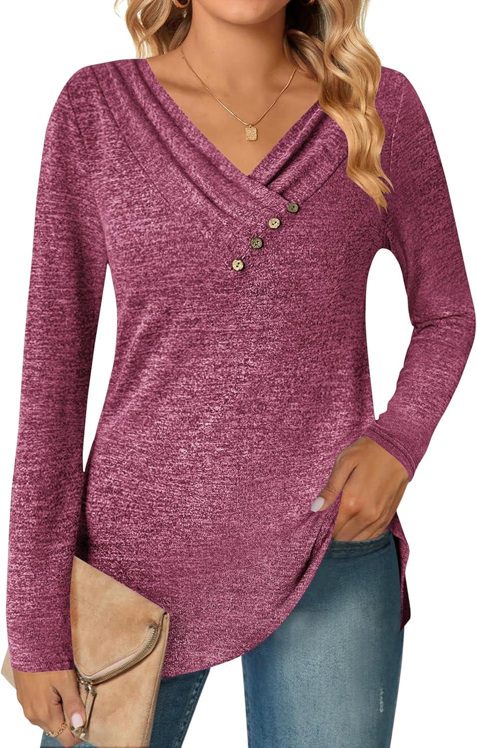imageZeagoo Womens Casual Tunic Tops Long Sleeve Shirts for Leggings V Neck Button Fall Pullover Blouse Loose SweatshirtsRose Red