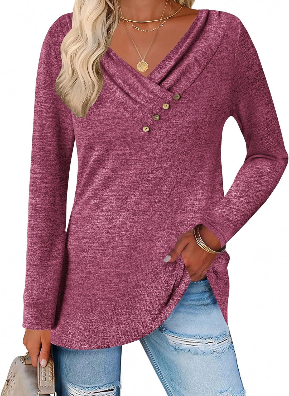 imageZeagoo Womens Casual Tunic Tops Long Sleeve Shirts for Leggings V Neck Button Fall Pullover Blouse Loose SweatshirtsRose Red