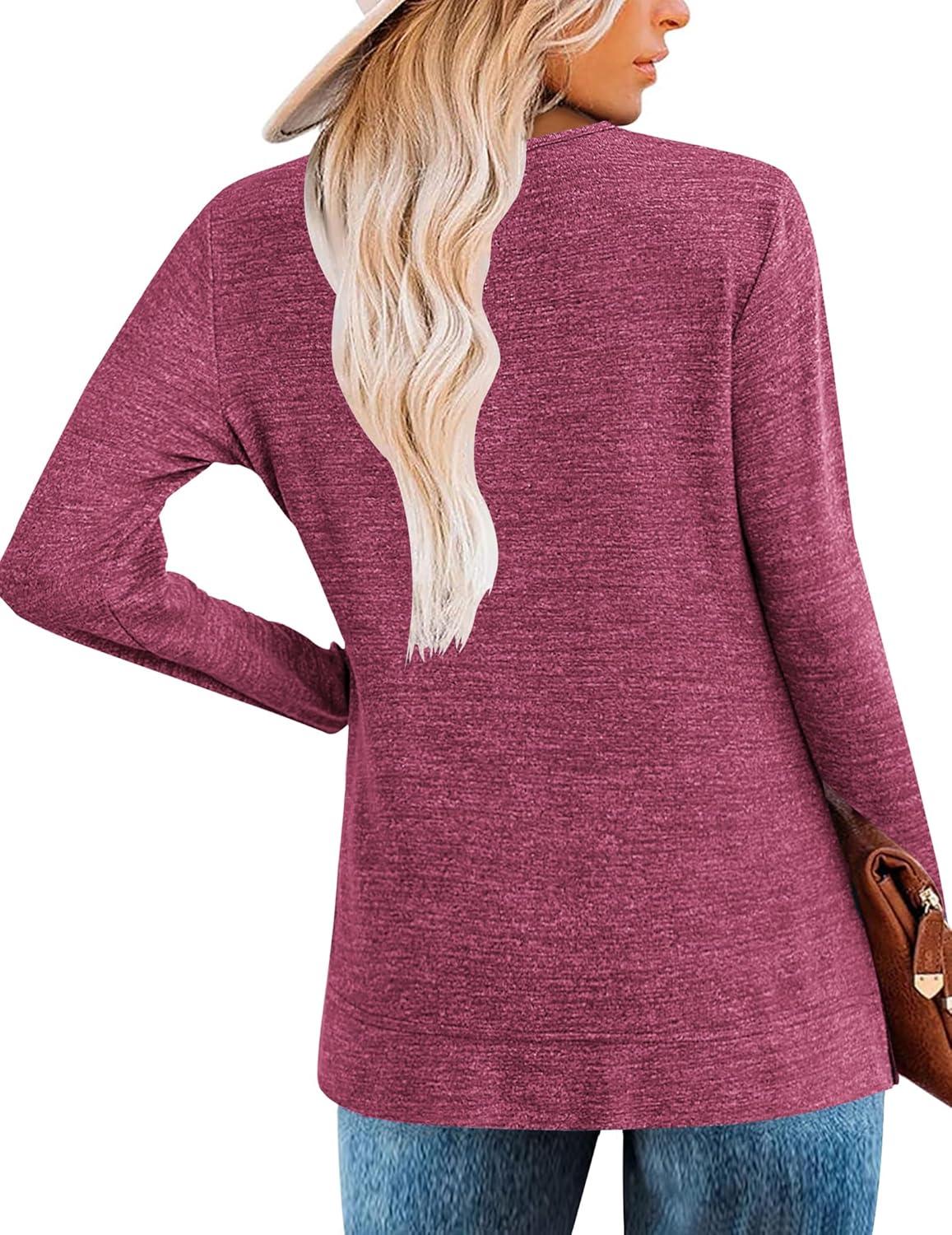 imageZeagoo Womens Casual Tunic Tops Long Sleeve Shirts for Leggings V Neck Button Fall Pullover Blouse Loose SweatshirtsRose Red