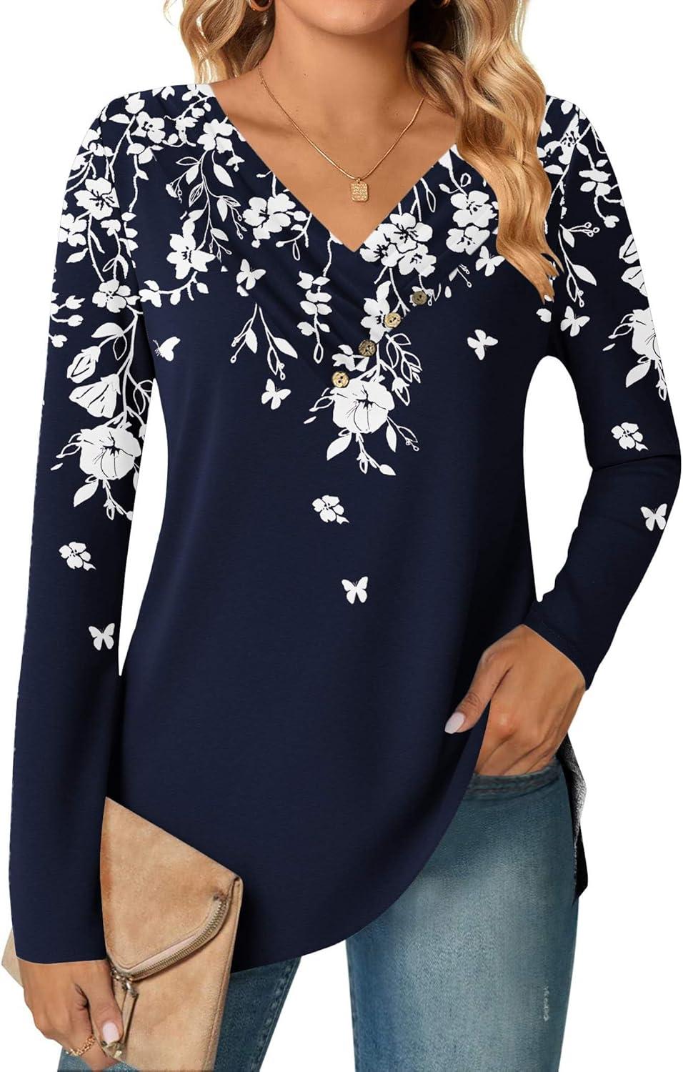 imageZeagoo Womens Casual Tunic Tops Long Sleeve Shirts for Leggings V Neck Button Fall Pullover Blouse Loose SweatshirtsSf103