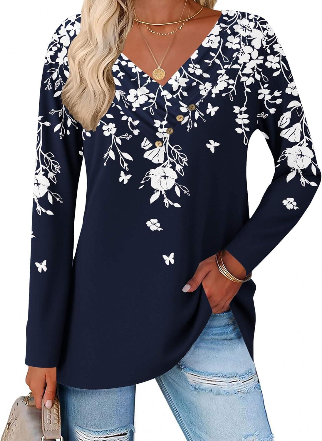 imageZeagoo Womens Casual Tunic Tops Long Sleeve Shirts for Leggings V Neck Button Fall Pullover Blouse Loose SweatshirtsSf103