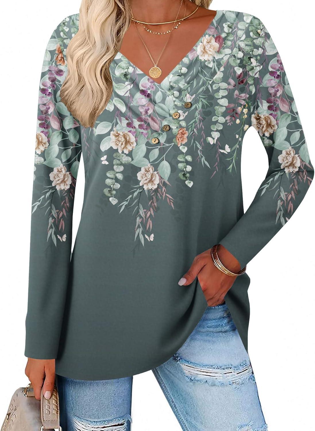 imageZeagoo Womens Casual Tunic Tops Long Sleeve Shirts for Leggings V Neck Button Fall Pullover Blouse Loose SweatshirtsWf71