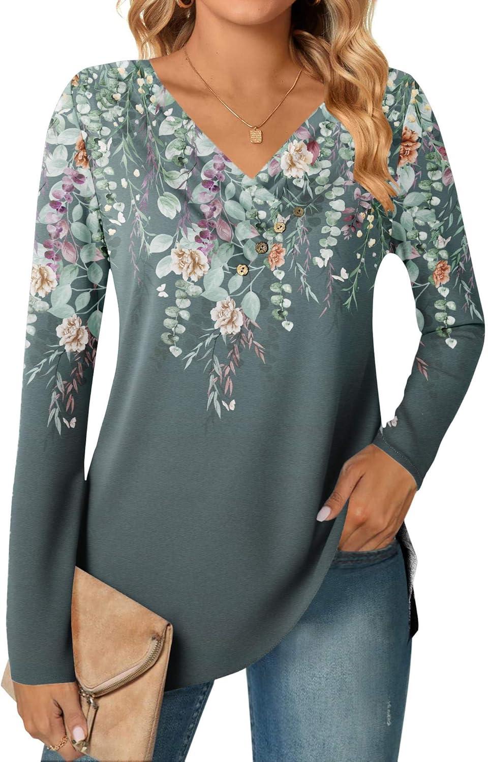 imageZeagoo Womens Casual Tunic Tops Long Sleeve Shirts for Leggings V Neck Button Fall Pullover Blouse Loose SweatshirtsWf71