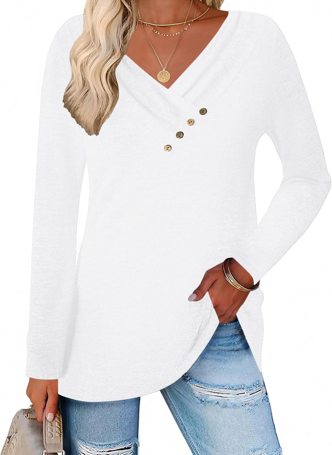 imageZeagoo Womens Casual Tunic Tops Long Sleeve Shirts for Leggings V Neck Button Fall Pullover Blouse Loose SweatshirtsWhite