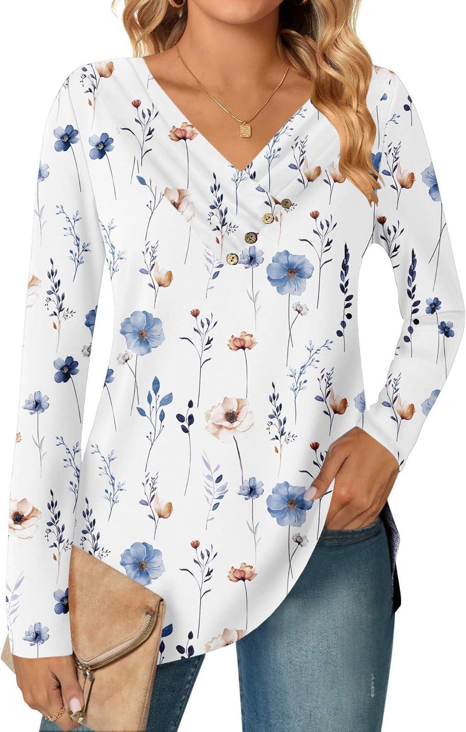 imageZeagoo Womens Casual Tunic Tops Long Sleeve Shirts for Leggings V Neck Button Fall Pullover Blouse Loose SweatshirtsWhiteprinted