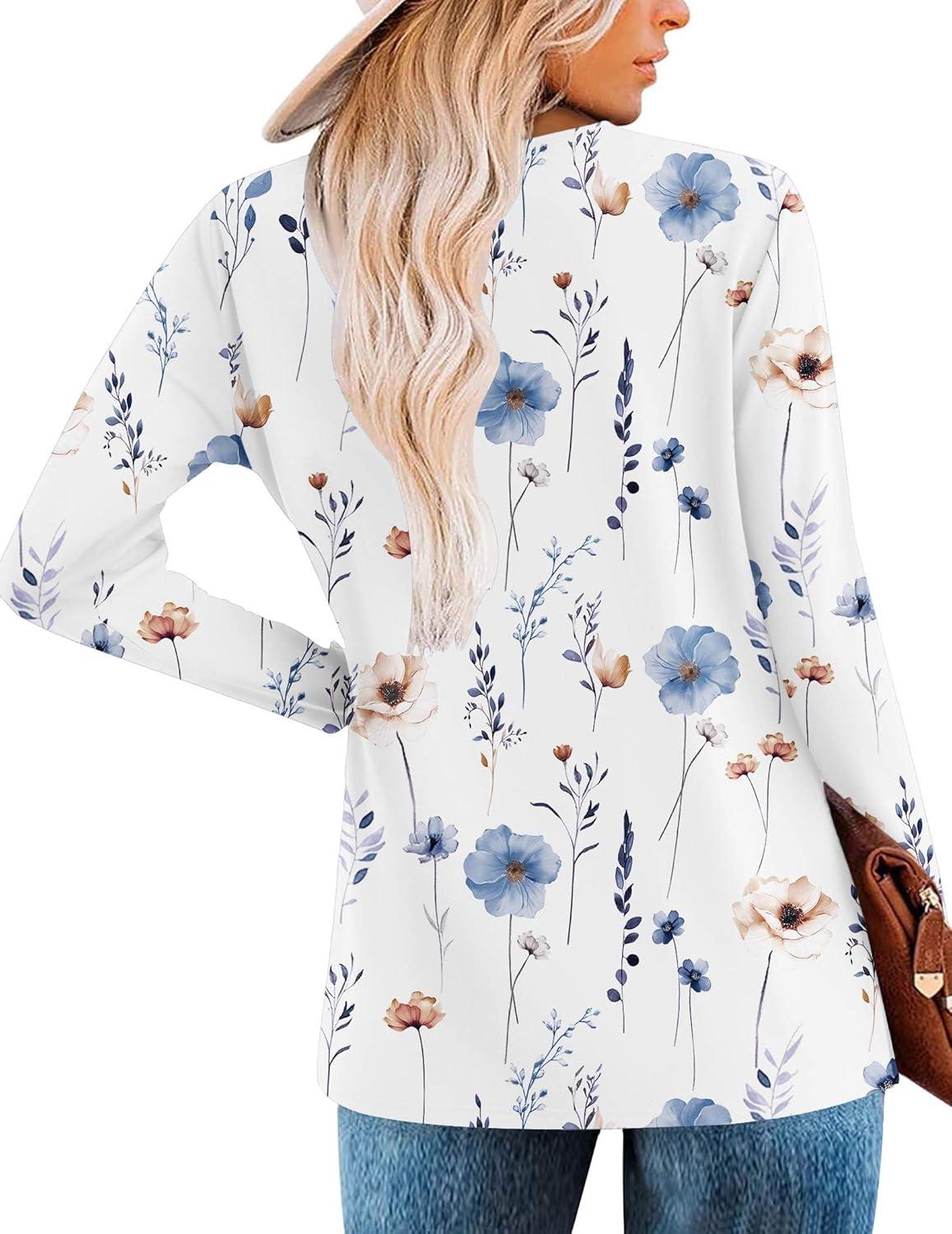 imageZeagoo Womens Casual Tunic Tops Long Sleeve Shirts for Leggings V Neck Button Fall Pullover Blouse Loose SweatshirtsWhiteprinted