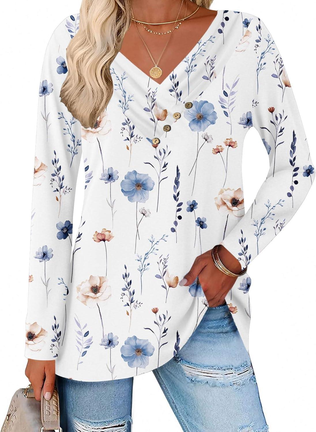 imageZeagoo Womens Casual Tunic Tops Long Sleeve Shirts for Leggings V Neck Button Fall Pullover Blouse Loose SweatshirtsWhiteprinted