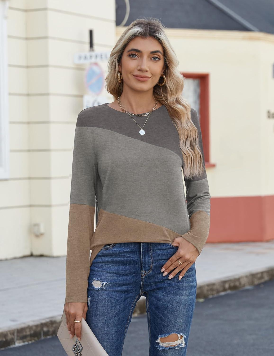 imageZeagoo Womens Color Block Tops Long Sleeve Fall Tunic Top Casual Round Neck Pullover Shirts Dressy Work Outfit 2025Pat10