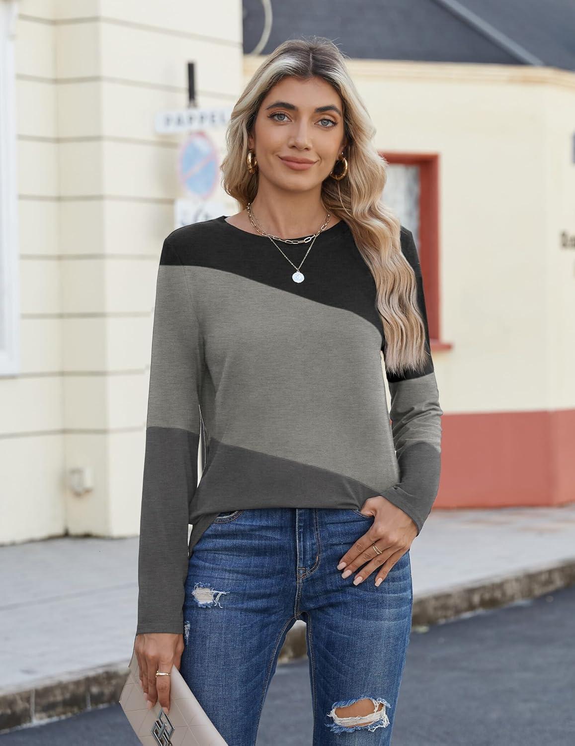 imageZeagoo Womens Color Block Tops Long Sleeve Fall Tunic Top Casual Round Neck Pullover Shirts Dressy Work Outfit 2025Pat11