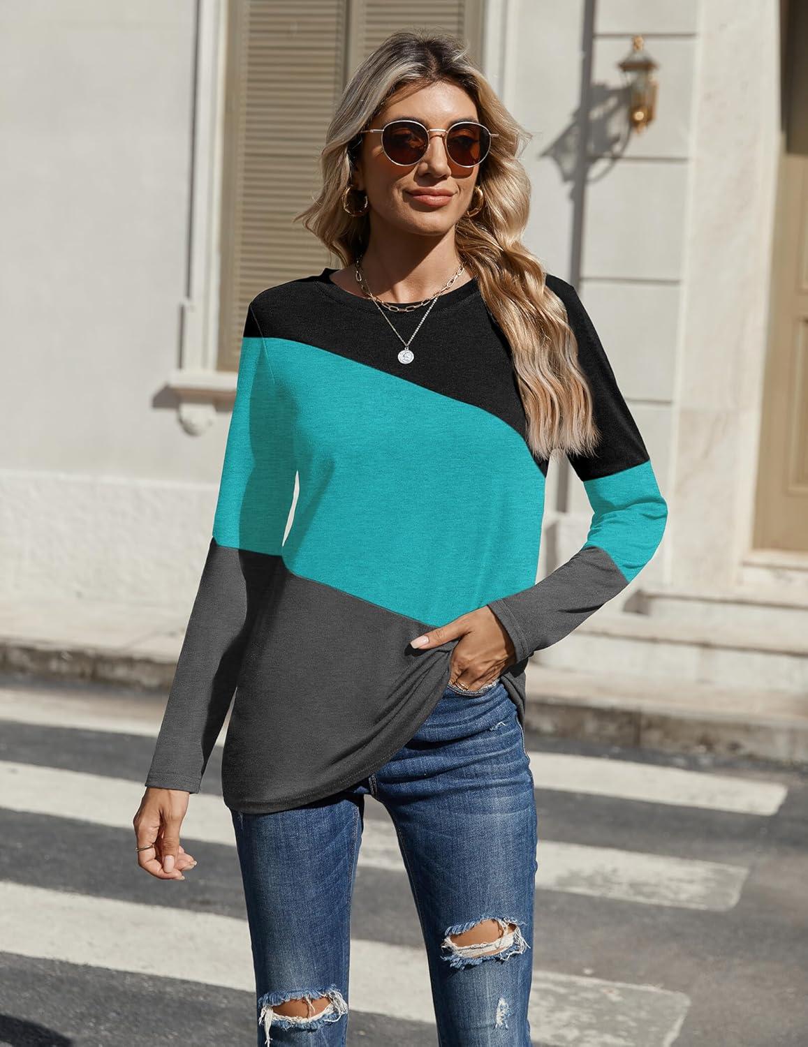 imageZeagoo Womens Color Block Tops Long Sleeve Fall Tunic Top Casual Round Neck Pullover Shirts Dressy Work Outfit 2025Pat12