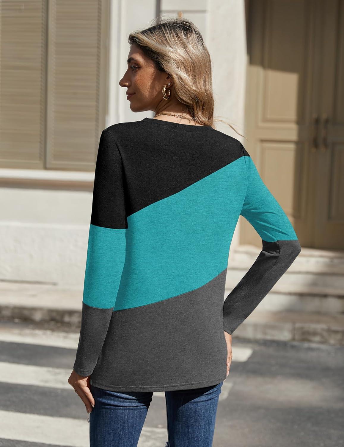imageZeagoo Womens Color Block Tops Long Sleeve Fall Tunic Top Casual Round Neck Pullover Shirts Dressy Work Outfit 2025Pat12