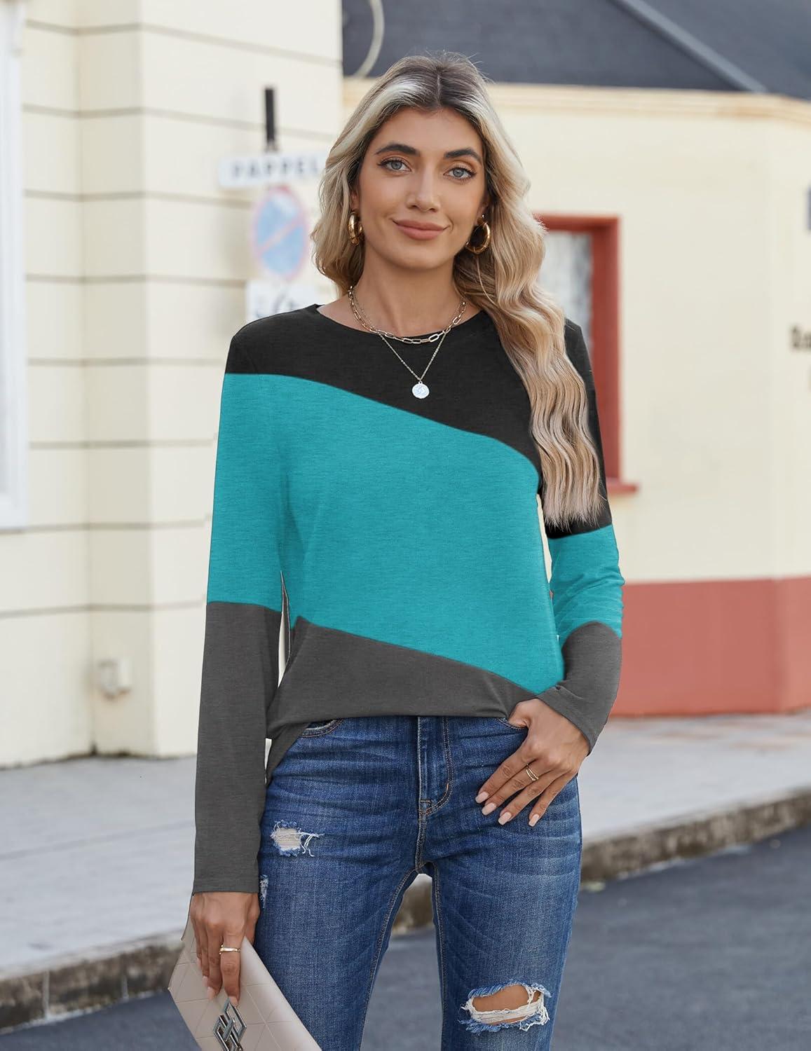 imageZeagoo Womens Color Block Tops Long Sleeve Fall Tunic Top Casual Round Neck Pullover Shirts Dressy Work Outfit 2025Pat12