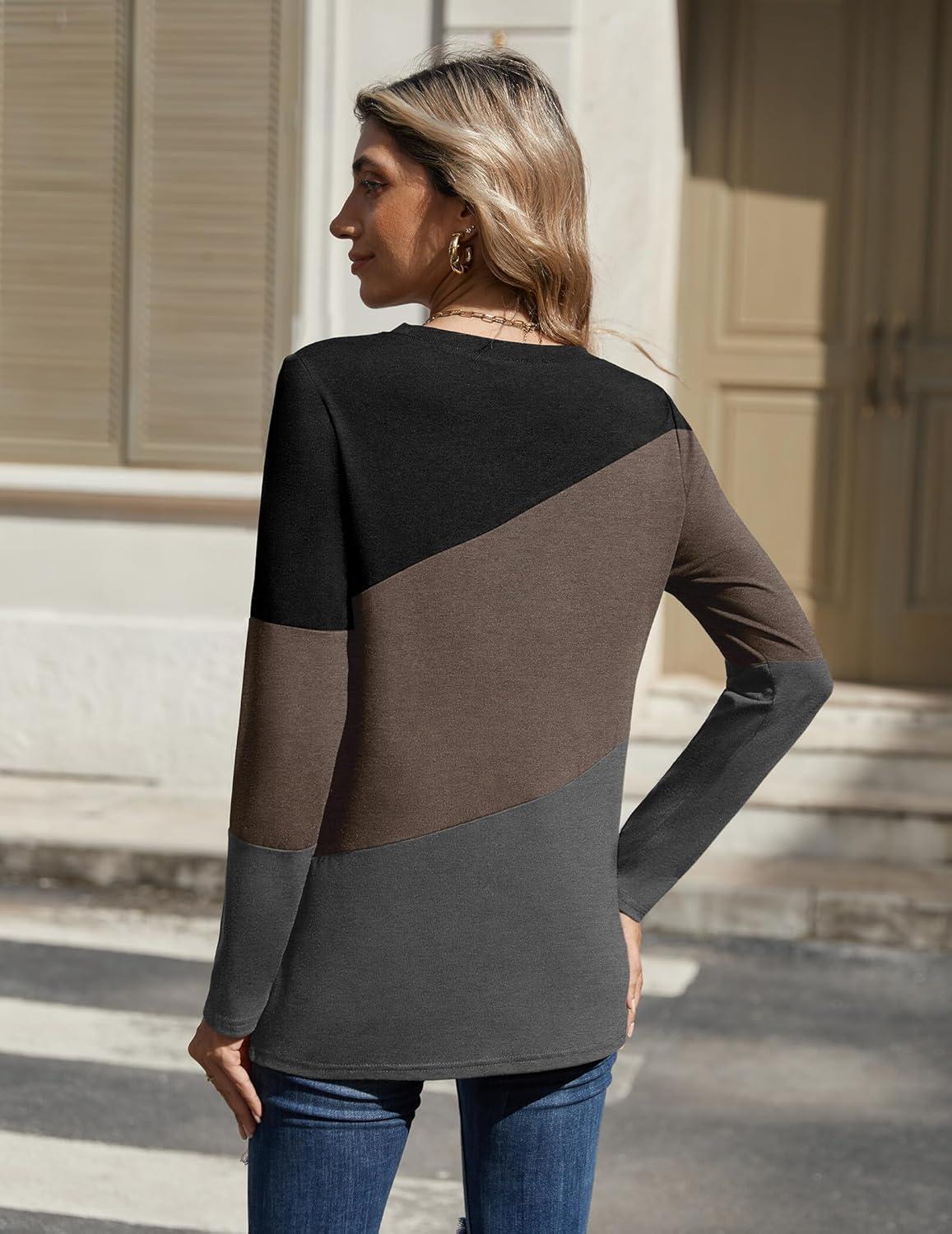 imageZeagoo Womens Color Block Tops Long Sleeve Fall Tunic Top Casual Round Neck Pullover Shirts Dressy Work Outfit 2025Pat13