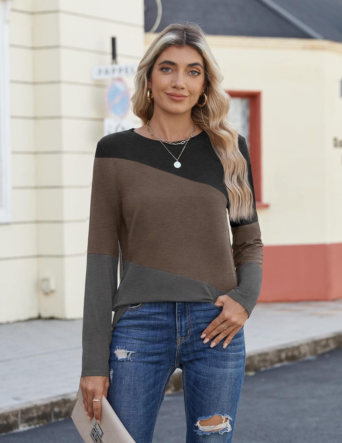 imageZeagoo Womens Color Block Tops Long Sleeve Fall Tunic Top Casual Round Neck Pullover Shirts Dressy Work Outfit 2025Pat13
