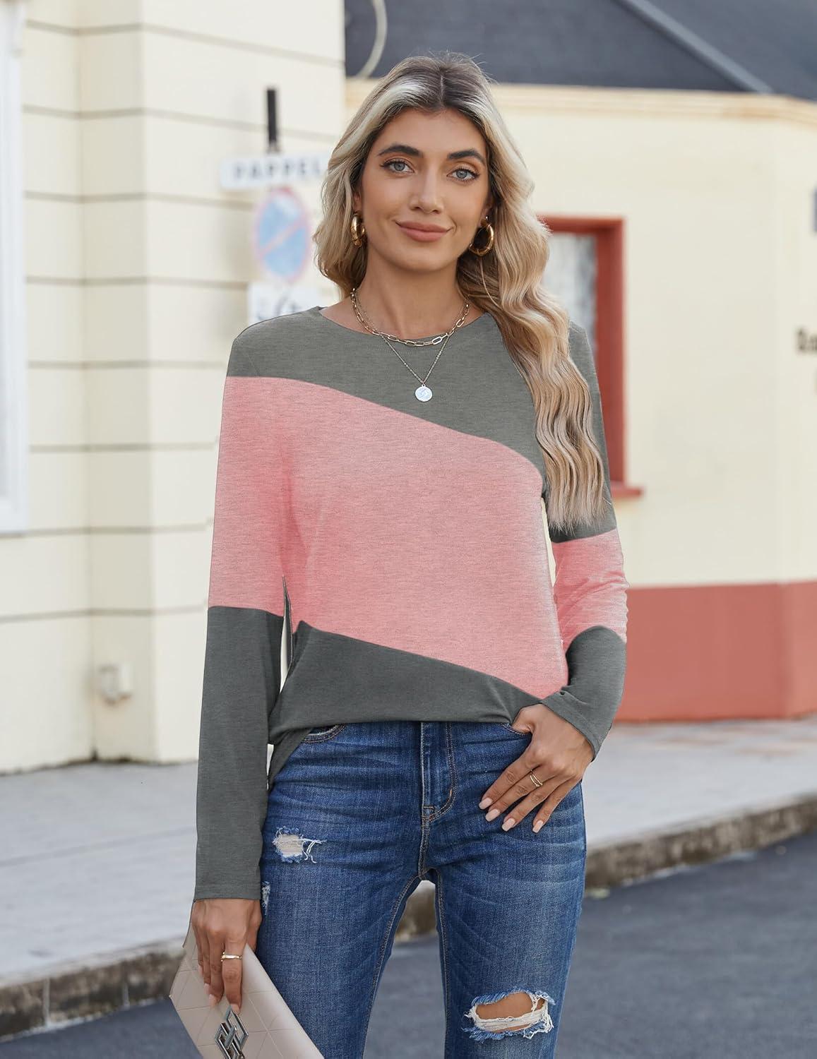 imageZeagoo Womens Color Block Tops Long Sleeve Fall Tunic Top Casual Round Neck Pullover Shirts Dressy Work Outfit 2025Pat2