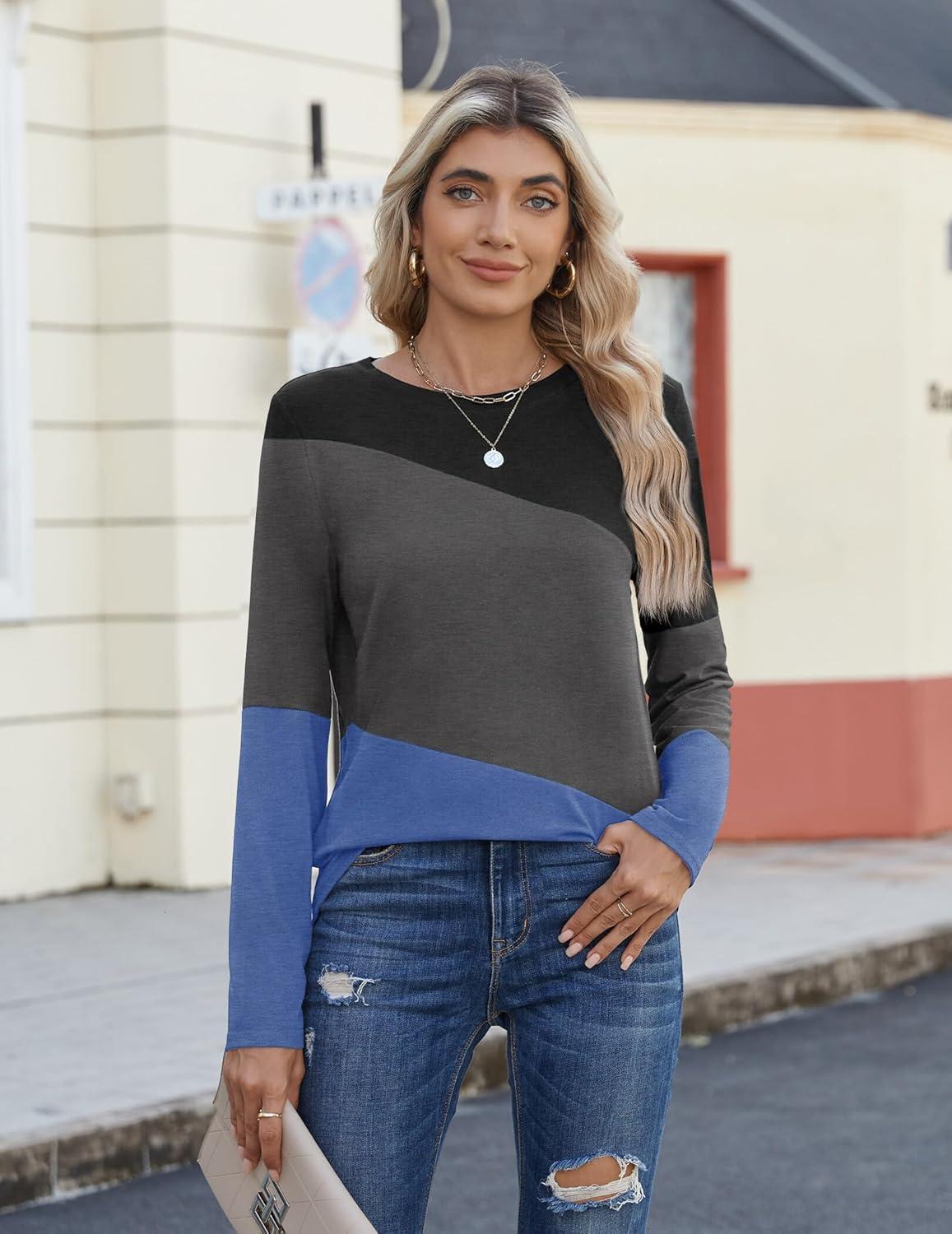 imageZeagoo Womens Color Block Tops Long Sleeve Fall Tunic Top Casual Round Neck Pullover Shirts Dressy Work Outfit 2025Pat6