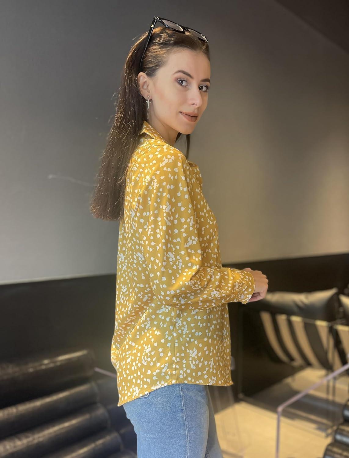 imageZeagoo Womens Cotton Button Down Shirts Long Sleeve V Neck Collared Tops Work Office Blouse Shirt 2025 SXXLYellow Polka Dot