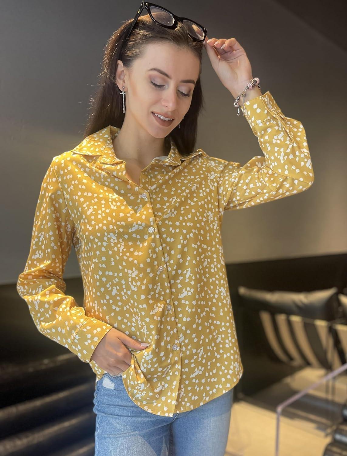 imageZeagoo Womens Cotton Button Down Shirts Long Sleeve V Neck Collared Tops Work Office Blouse Shirt 2025 SXXLYellow Polka Dot