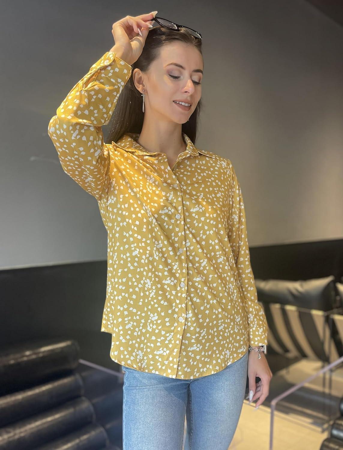 imageZeagoo Womens Cotton Button Down Shirts Long Sleeve V Neck Collared Tops Work Office Blouse Shirt 2025 SXXLYellow Polka Dot