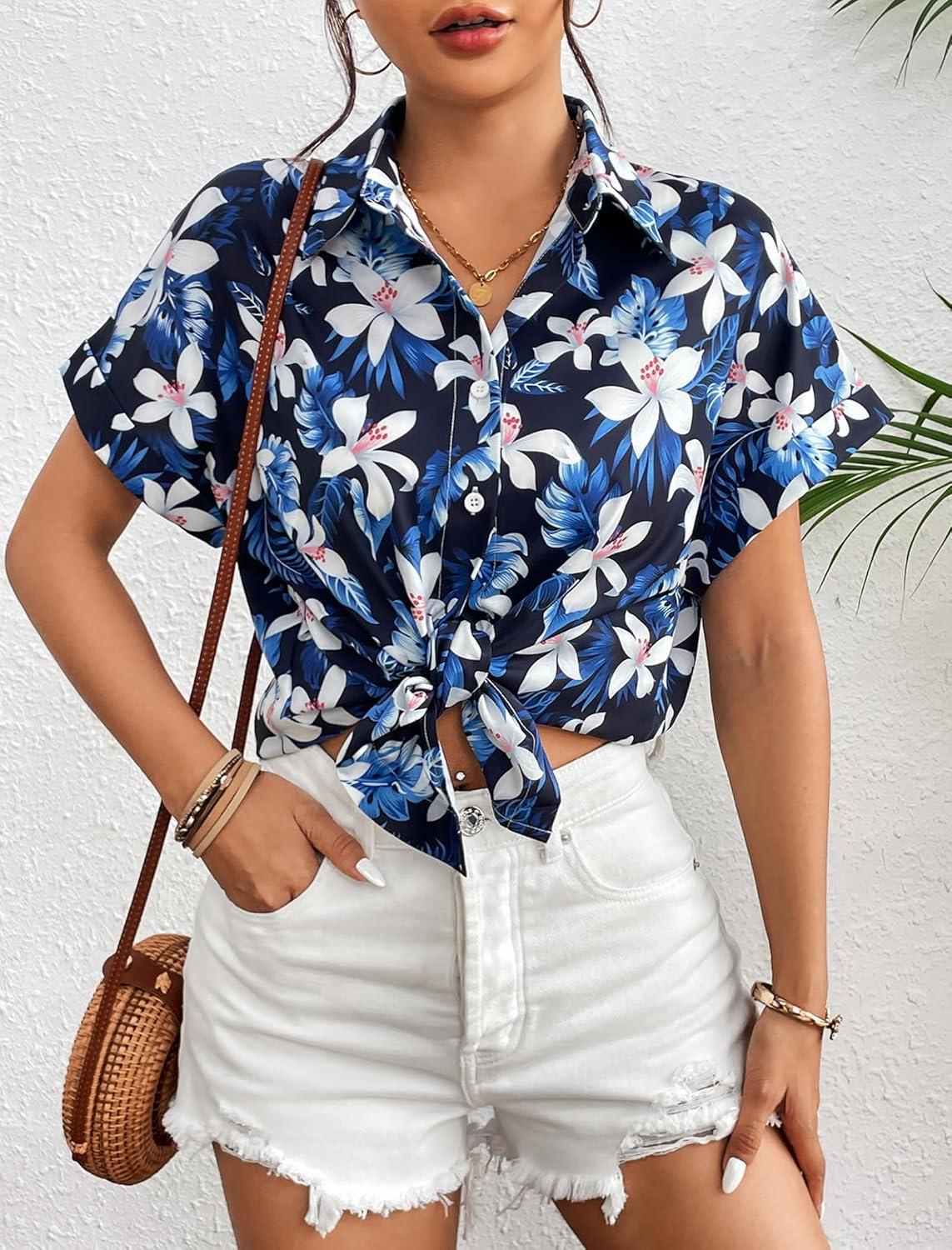 imageZeagoo Womens Hawaiian Button Down Shirts Casual Short Sleeve Floral Tropical Print Summer Blouse Tunic TopAzw38