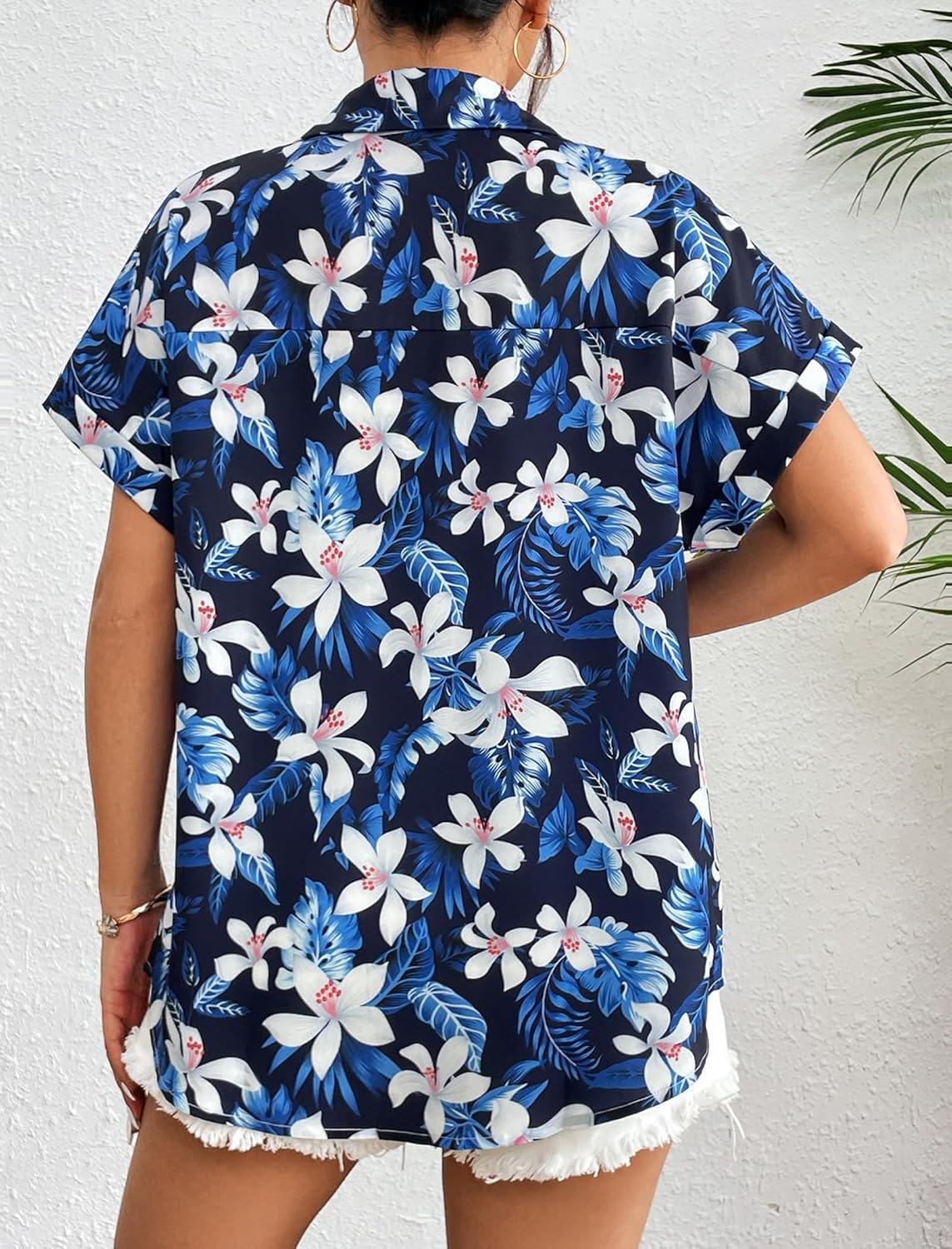 imageZeagoo Womens Hawaiian Button Down Shirts Casual Short Sleeve Floral Tropical Print Summer Blouse Tunic TopAzw38
