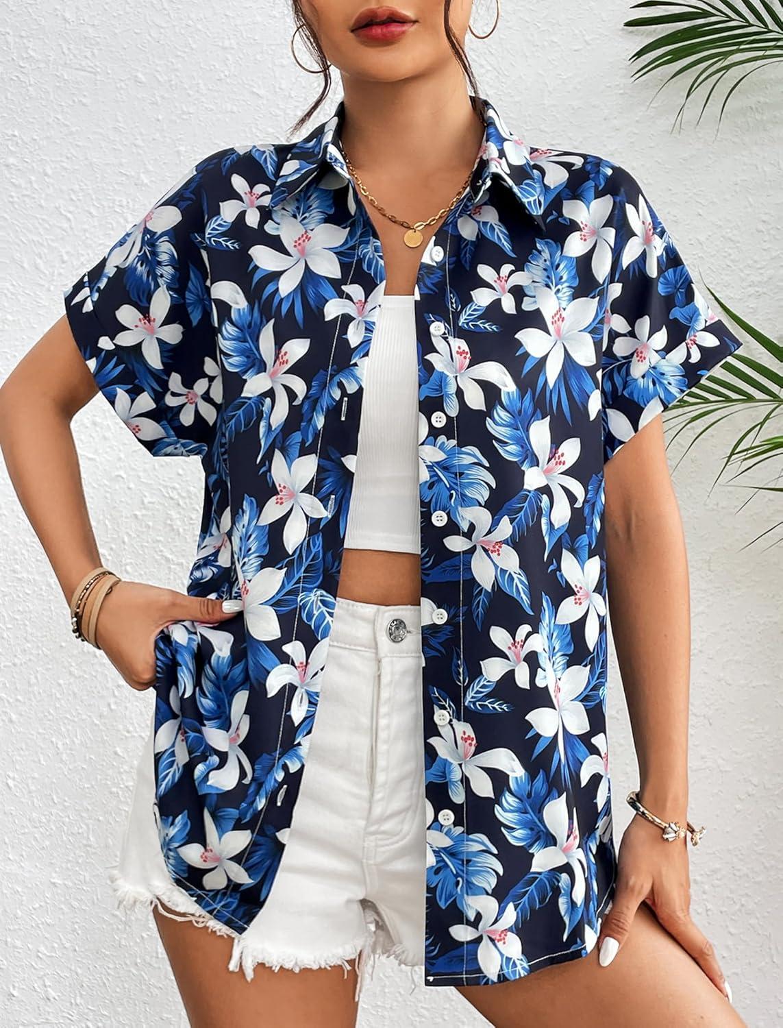 imageZeagoo Womens Hawaiian Button Down Shirts Casual Short Sleeve Floral Tropical Print Summer Blouse Tunic TopAzw38