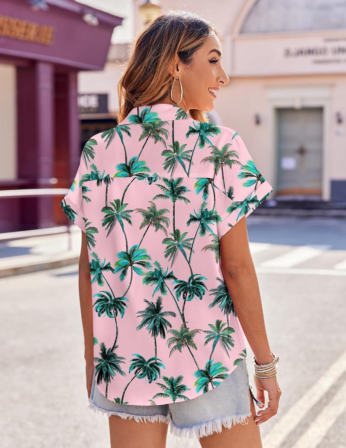 imageZeagoo Womens Hawaiian Button Down Shirts Casual Short Sleeve Floral Tropical Print Summer Blouse Tunic TopAzw47