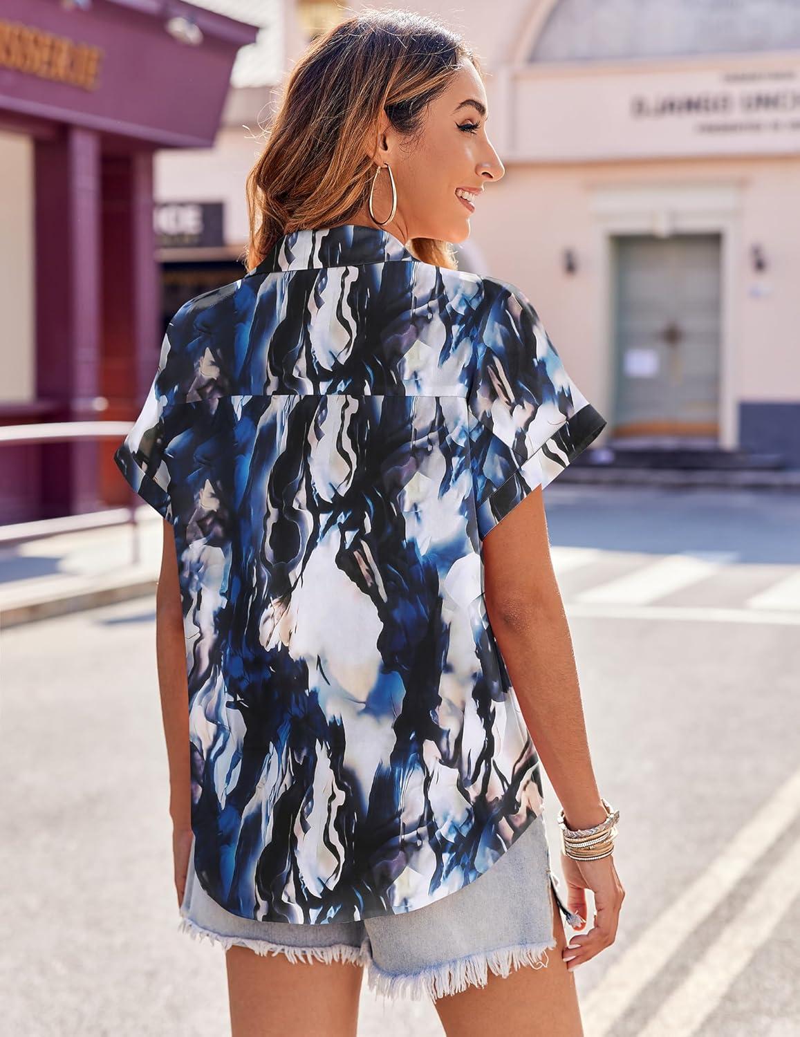 imageZeagoo Womens Hawaiian Button Down Shirts Casual Short Sleeve Floral Tropical Print Summer Blouse Tunic TopZr220