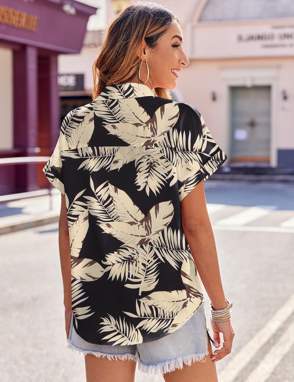 imageZeagoo Womens Hawaiian Button Down Shirts Casual Short Sleeve Floral Tropical Print Summer Blouse Tunic TopZw29