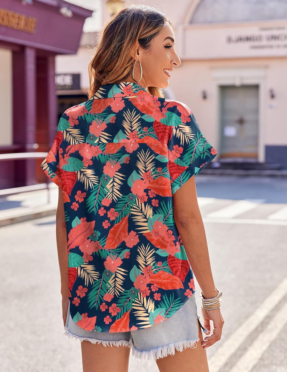 imageZeagoo Womens Hawaiian Button Down Shirts Casual Short Sleeve Floral Tropical Print Summer Blouse Tunic TopZw9