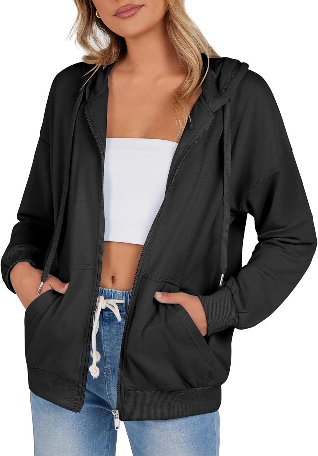imageZeagoo Womens Lightweight Hoodies Full Zip Up Oversized Sweatshirts with Pockets Long Sleeve Thin Casual Hooded JacketsBlack