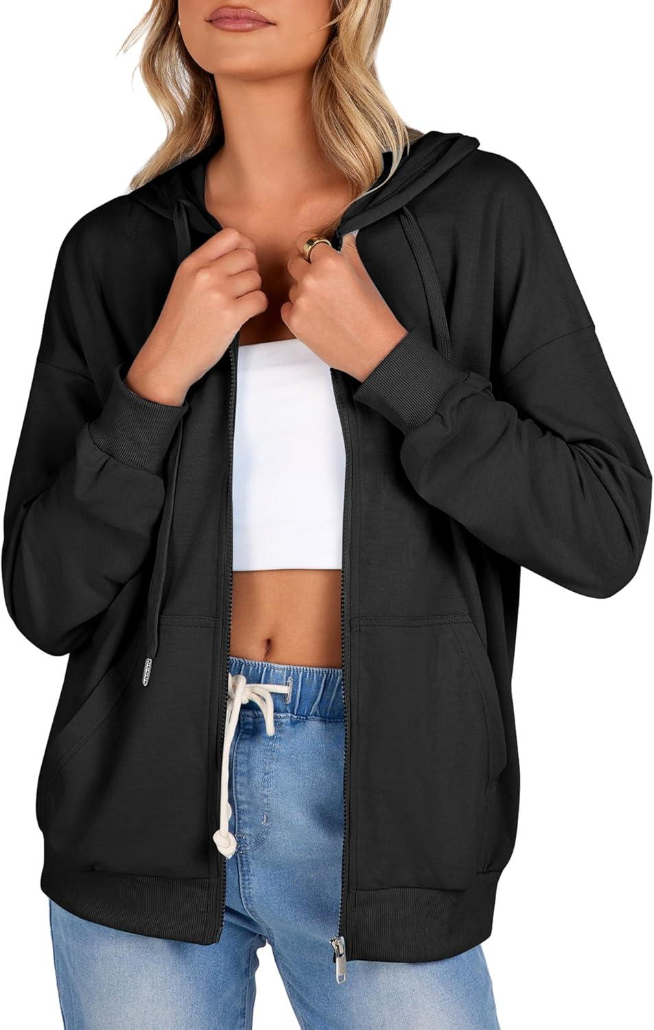imageZeagoo Womens Lightweight Hoodies Full Zip Up Oversized Sweatshirts with Pockets Long Sleeve Thin Casual Hooded JacketsBlack