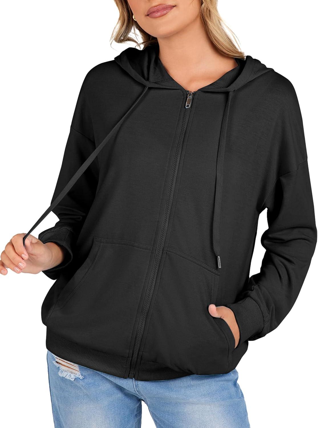 imageZeagoo Womens Lightweight Hoodies Full Zip Up Oversized Sweatshirts with Pockets Long Sleeve Thin Casual Hooded JacketsBlack
