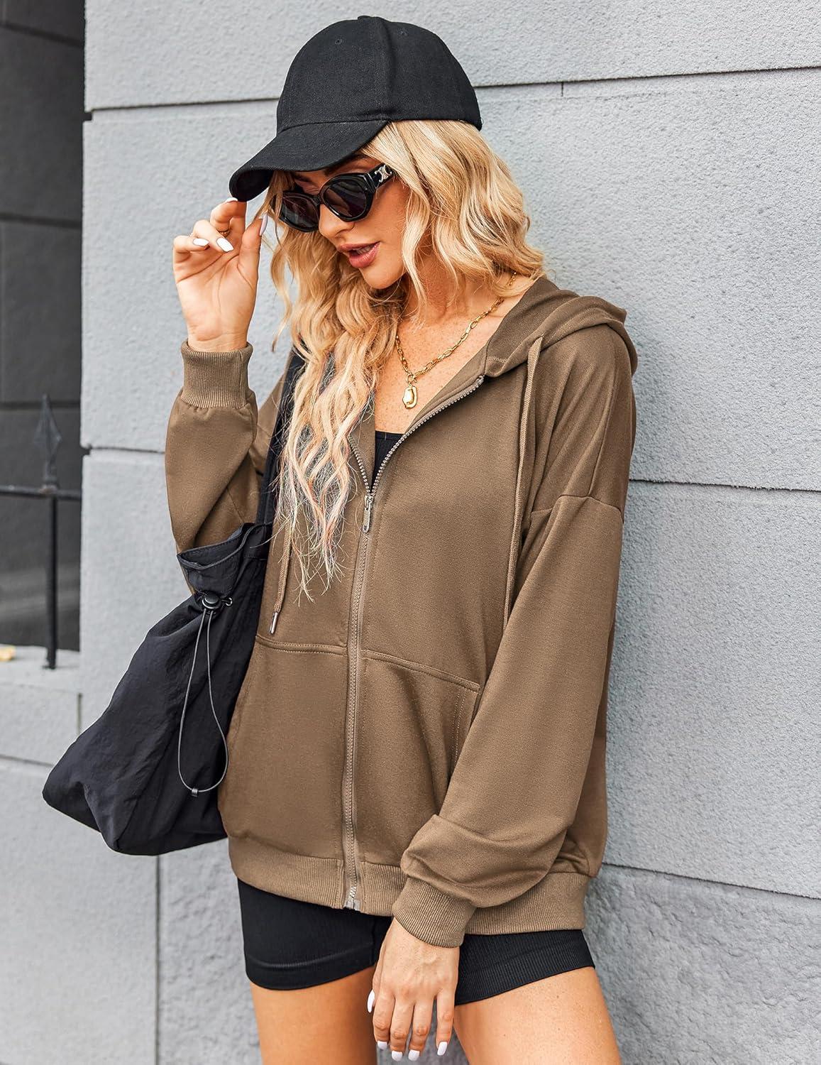 imageZeagoo Womens Lightweight Hoodies Full Zip Up Oversized Sweatshirts with Pockets Long Sleeve Thin Casual Hooded JacketsBrown