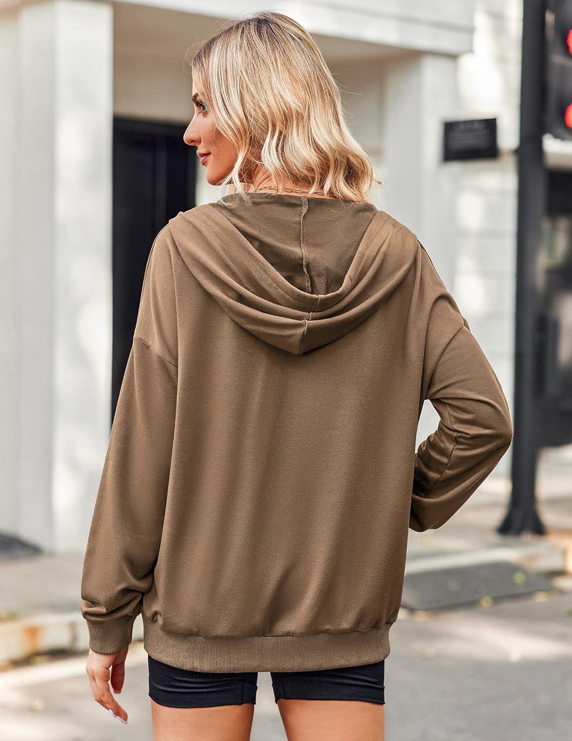 imageZeagoo Womens Lightweight Hoodies Full Zip Up Oversized Sweatshirts with Pockets Long Sleeve Thin Casual Hooded JacketsBrown