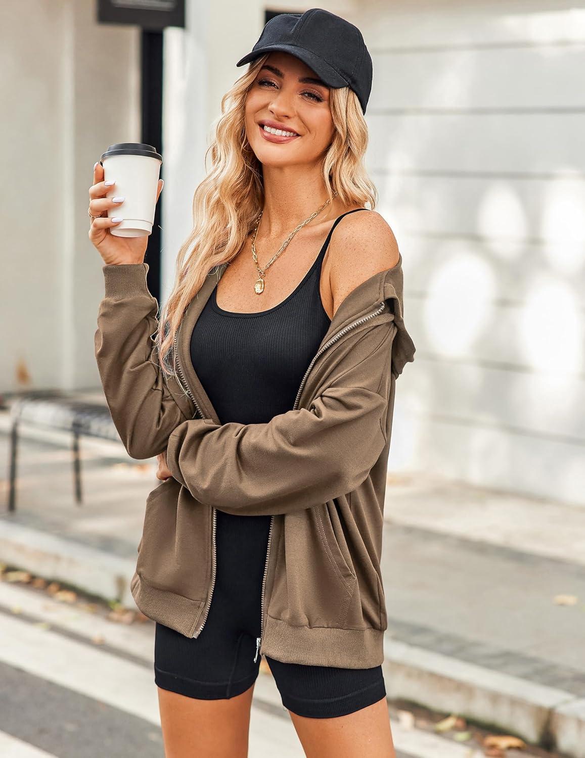 imageZeagoo Womens Lightweight Hoodies Full Zip Up Oversized Sweatshirts with Pockets Long Sleeve Thin Casual Hooded JacketsBrown
