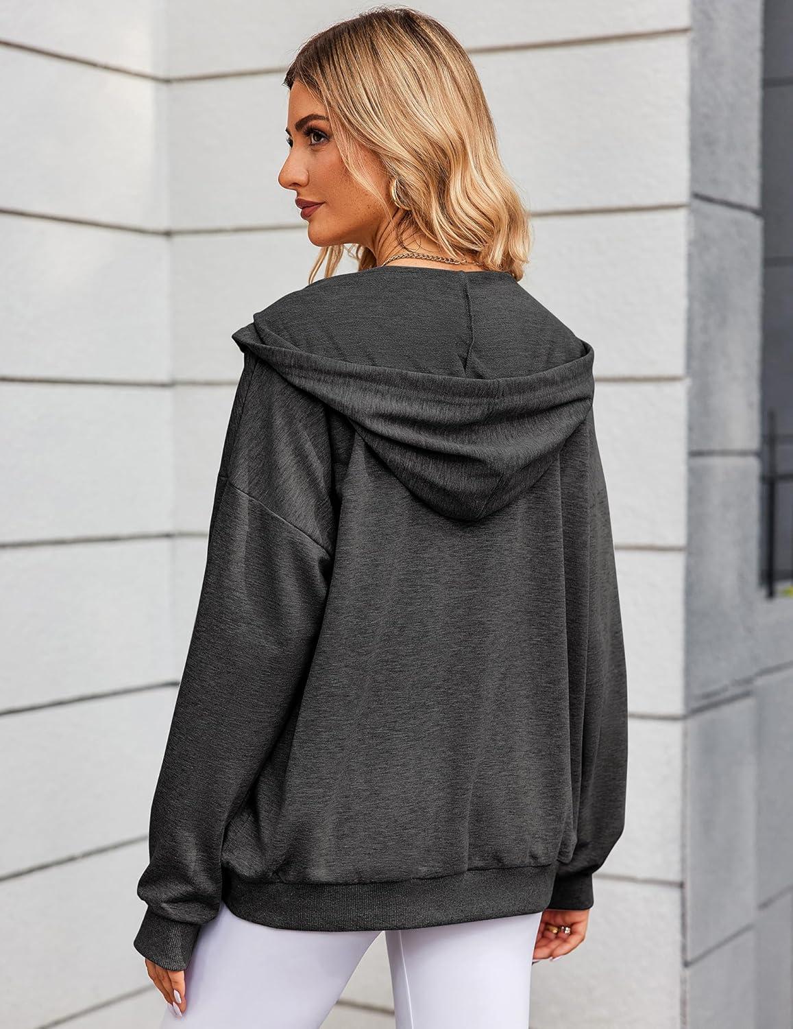 imageZeagoo Womens Lightweight Hoodies Full Zip Up Oversized Sweatshirts with Pockets Long Sleeve Thin Casual Hooded JacketsDark Grey