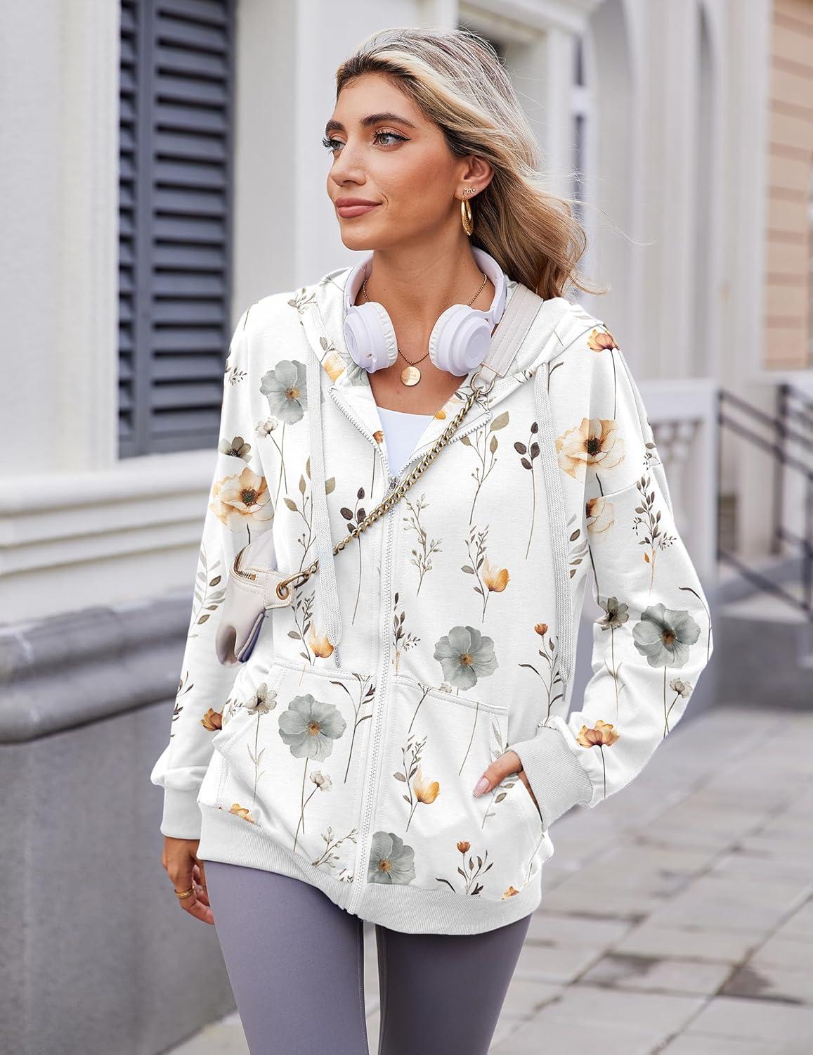 imageZeagoo Womens Lightweight Hoodies Full Zip Up Oversized Sweatshirts with Pockets Long Sleeve Thin Casual Hooded JacketsFloral Printed