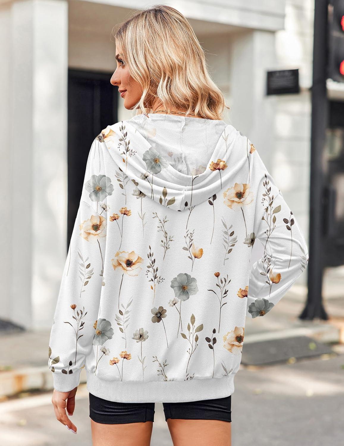 imageZeagoo Womens Lightweight Hoodies Full Zip Up Oversized Sweatshirts with Pockets Long Sleeve Thin Casual Hooded JacketsFloral Printed