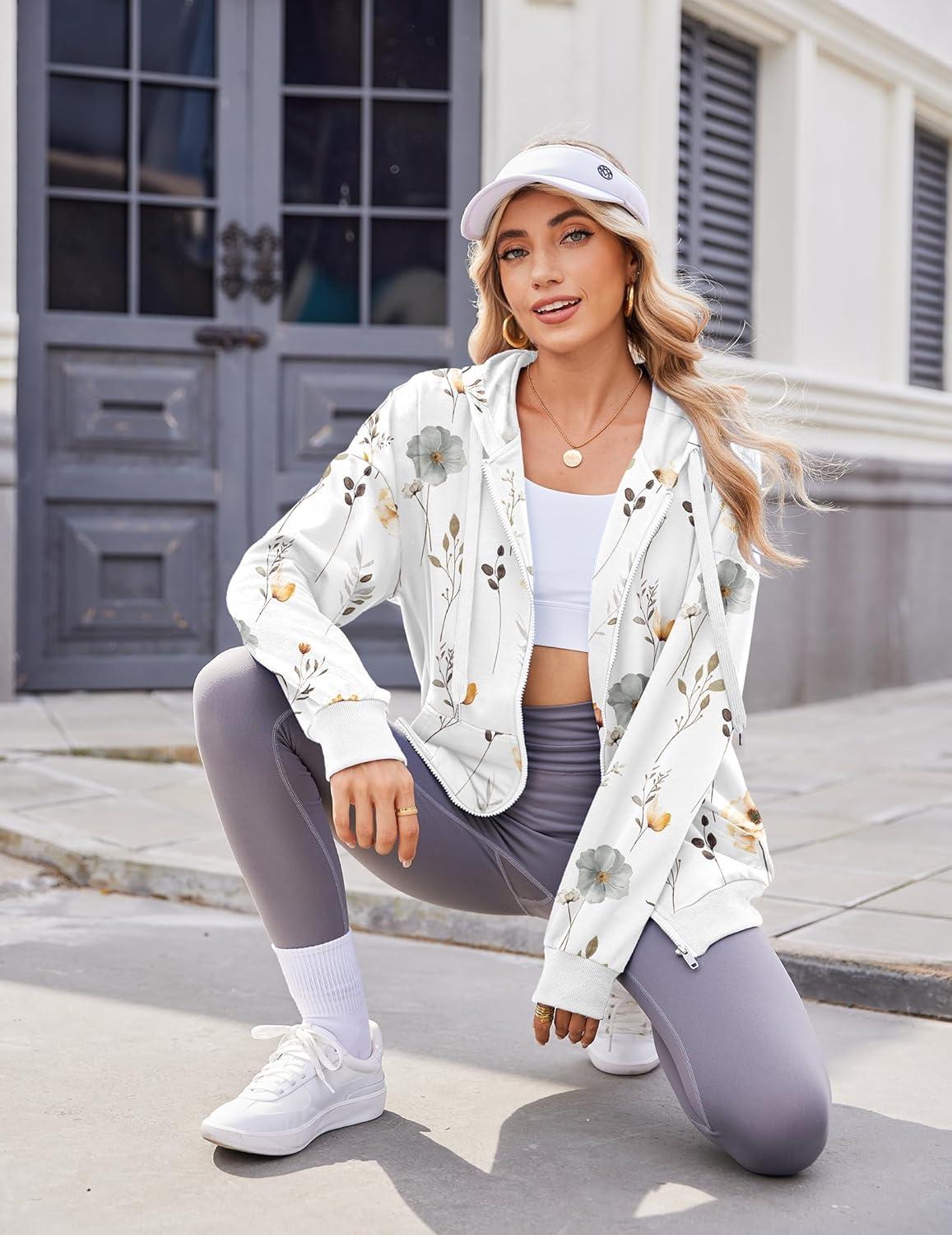 imageZeagoo Womens Lightweight Hoodies Full Zip Up Oversized Sweatshirts with Pockets Long Sleeve Thin Casual Hooded JacketsFloral Printed