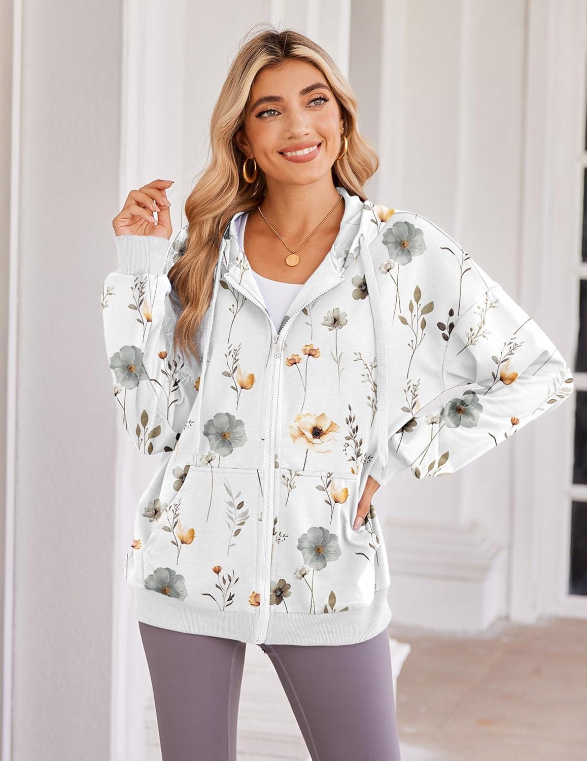 imageZeagoo Womens Lightweight Hoodies Full Zip Up Oversized Sweatshirts with Pockets Long Sleeve Thin Casual Hooded JacketsFloral Printed