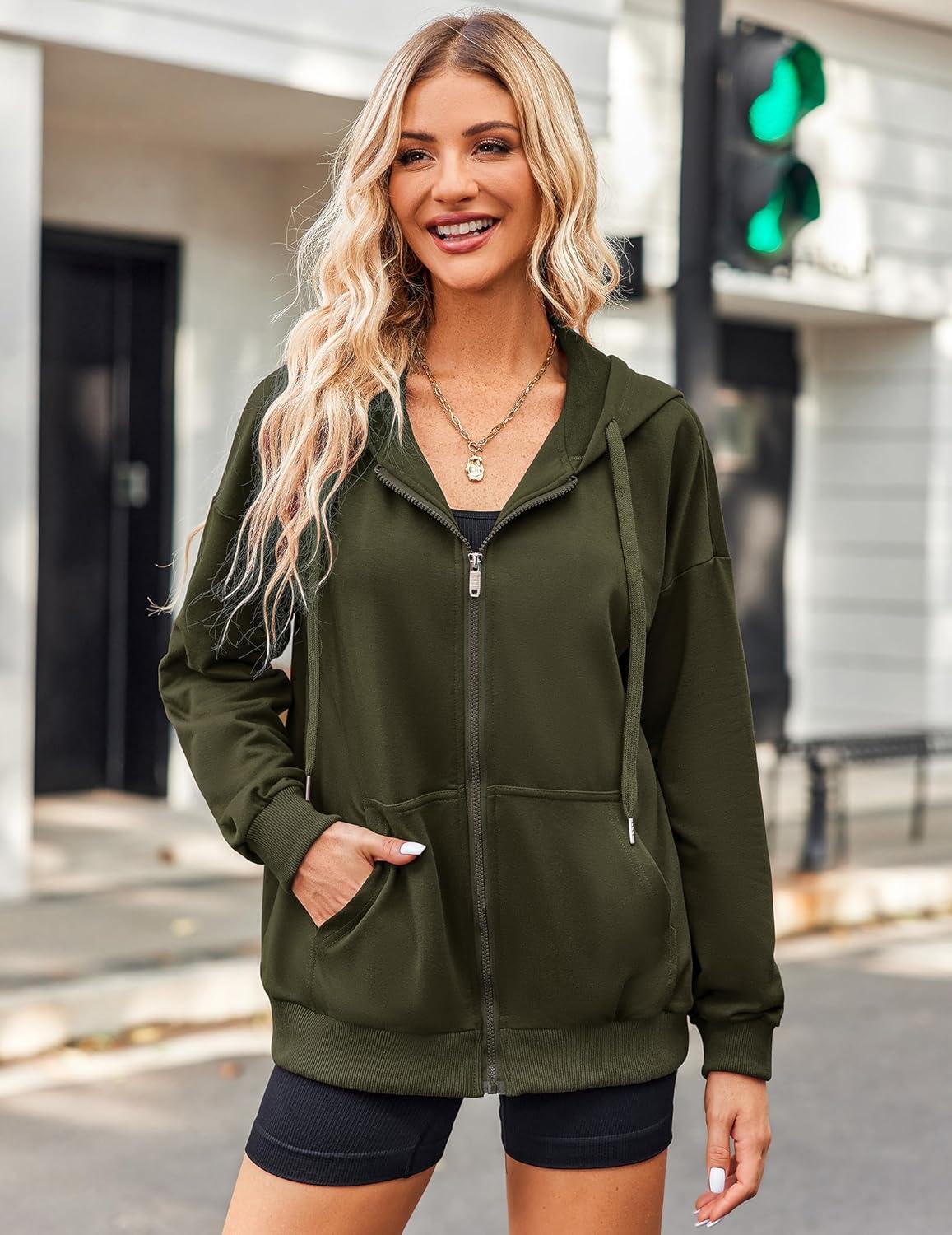 imageZeagoo Womens Lightweight Hoodies Full Zip Up Oversized Sweatshirts with Pockets Long Sleeve Thin Casual Hooded JacketsGreen