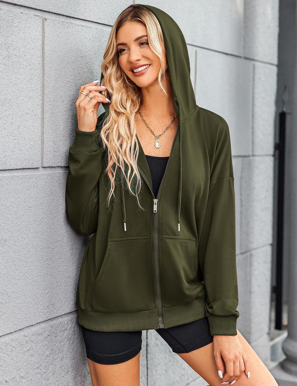 imageZeagoo Womens Lightweight Hoodies Full Zip Up Oversized Sweatshirts with Pockets Long Sleeve Thin Casual Hooded JacketsGreen