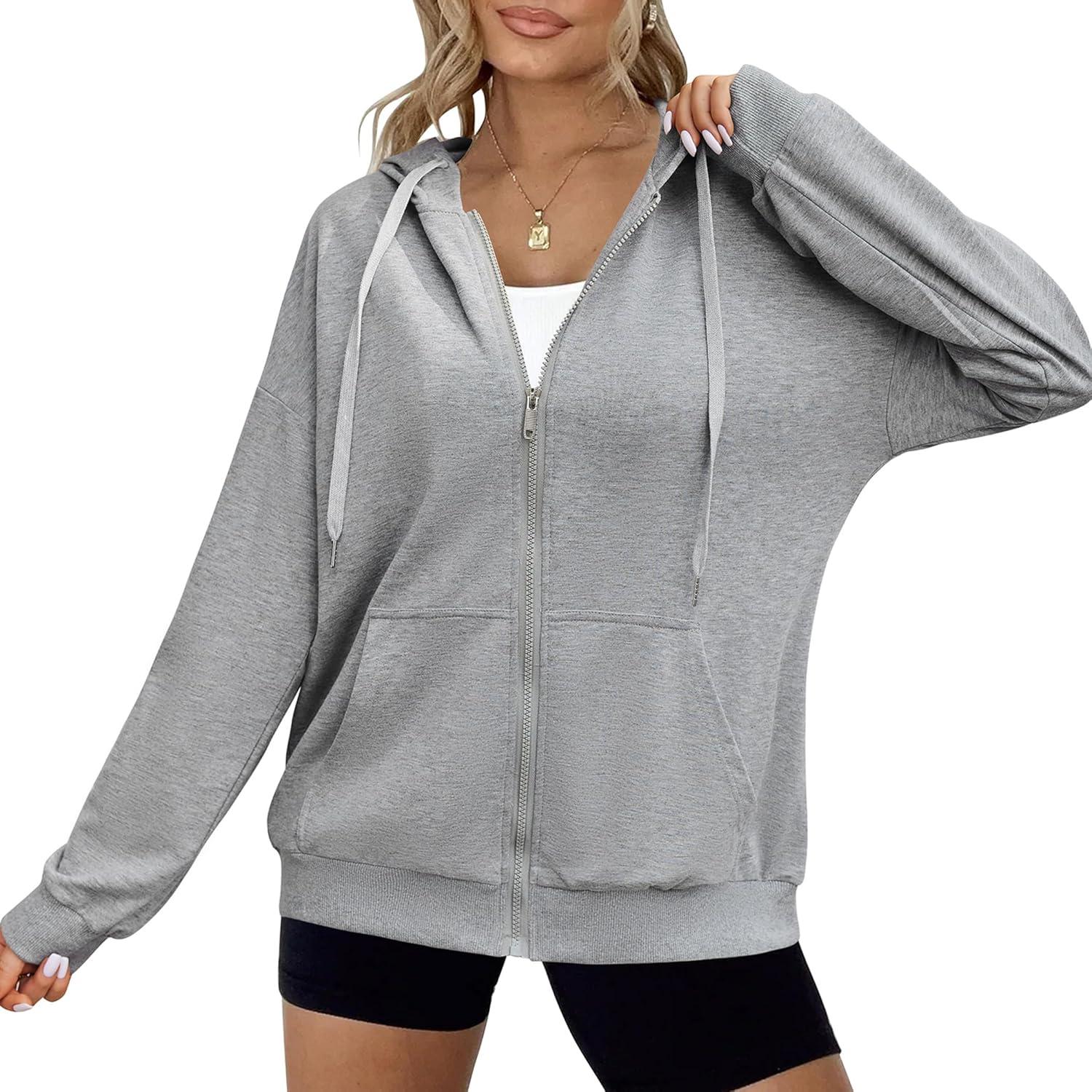 imageZeagoo Womens Lightweight Hoodies Full Zip Up Oversized Sweatshirts with Pockets Long Sleeve Thin Casual Hooded JacketsLight Grey